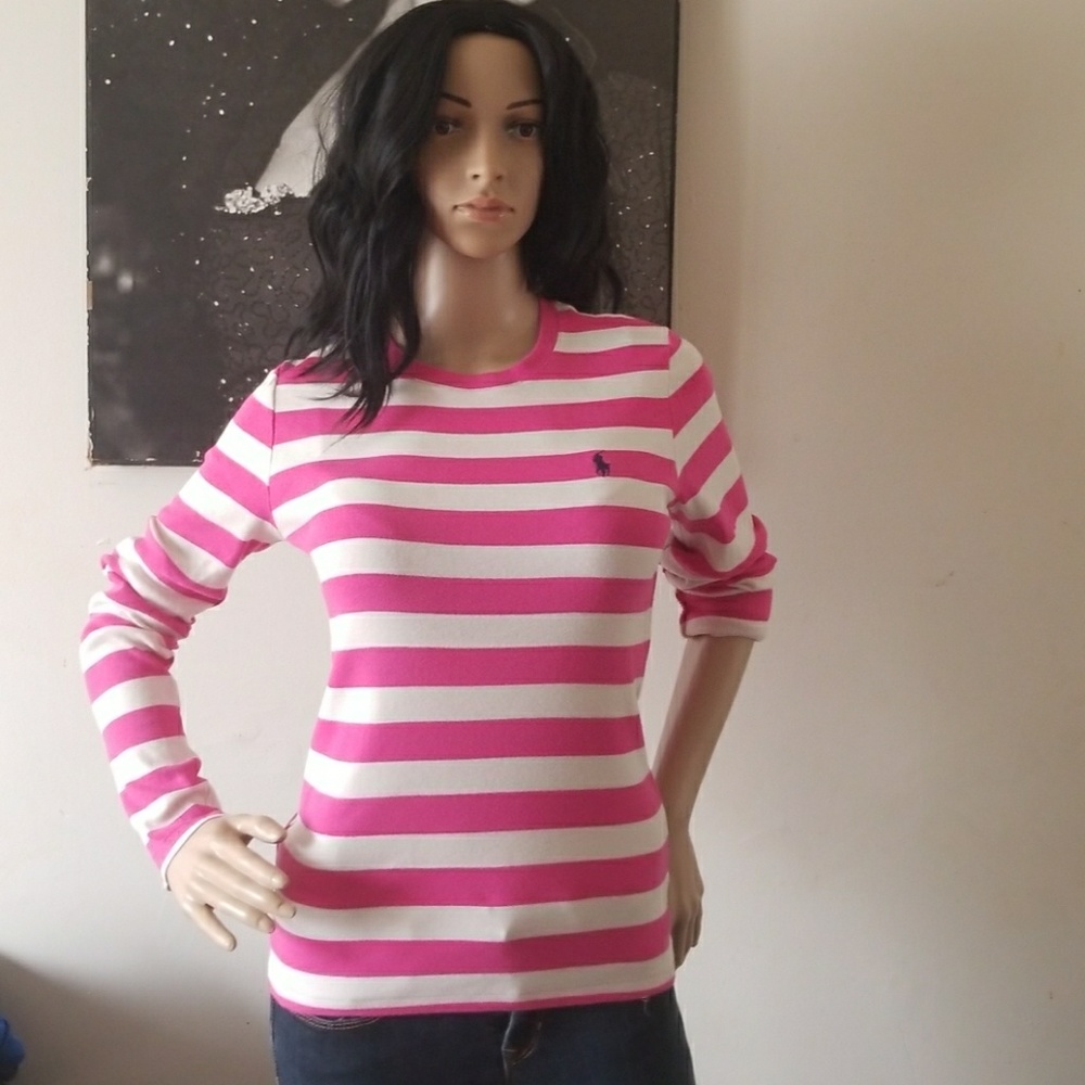 (Large) 💖Pink &White Striped Long Sleeve Shirt💖